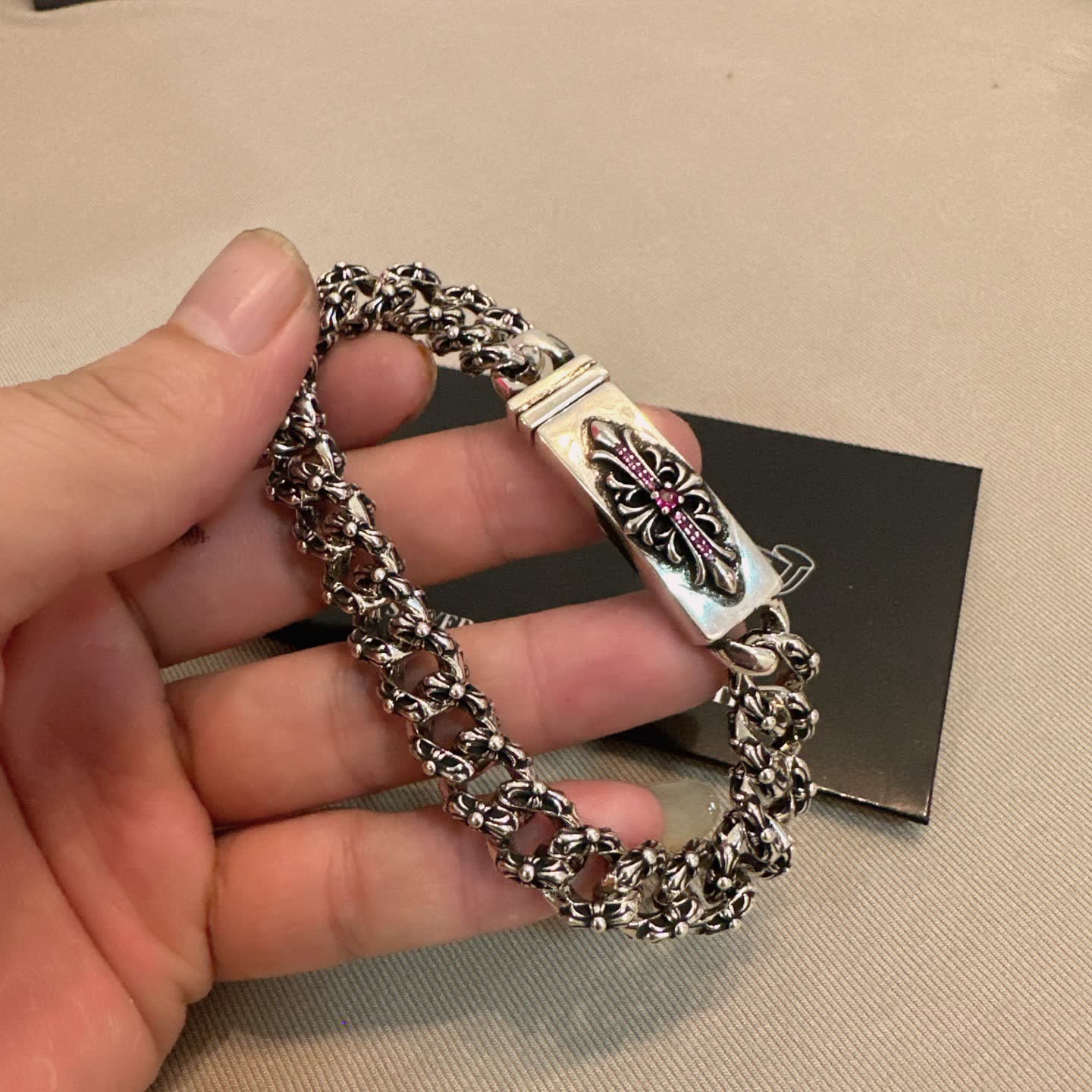 Chrome Hearts Silver Bracelet with Pink Crystal Cross Clasp